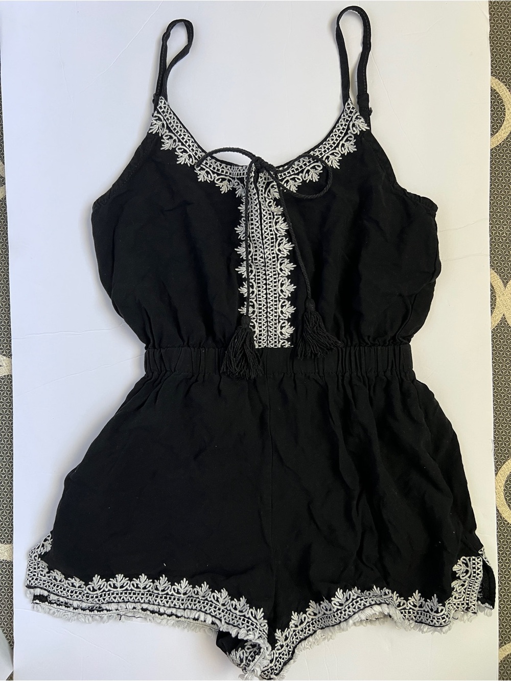 Black Embroidered Tassel Romper